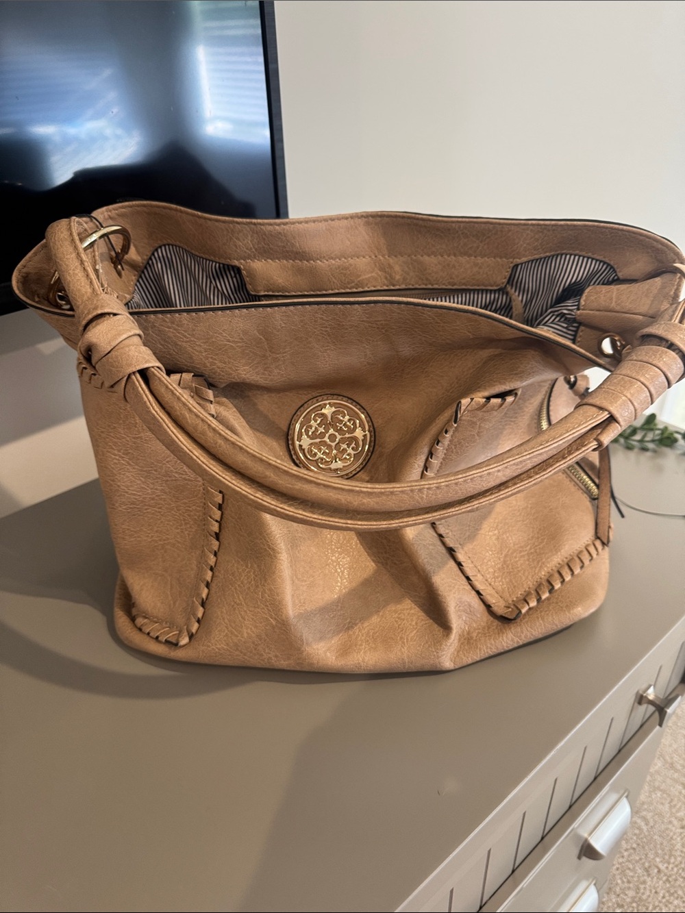Tan Women’s Shoulder Bag - Classic Tote with Decorative Emblem